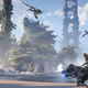 Aloy rides a robot dinosaur alongside a post-apocalyptic San Francisco beach in Horizon Forbidden West